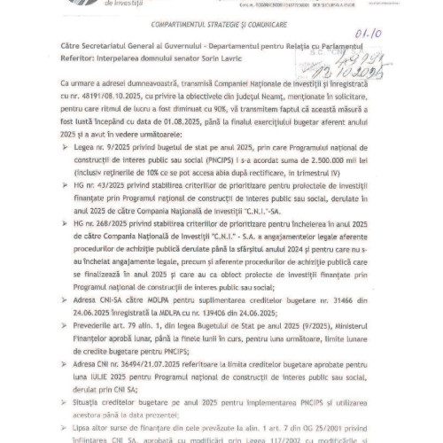 CNI răspunde vag senatorului din Neamț despre proiectele nefinalizate