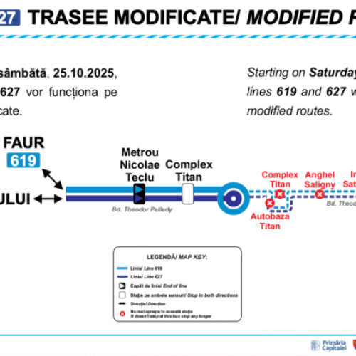 Autobuzele liniilor 619 și 627 vor avea traseu modificat începând din 25 octombrie