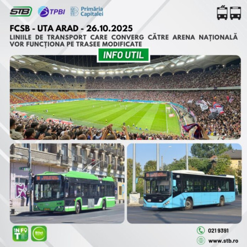 Modificări temporare ale traseelor STB în București de Ziua meciului FCSB - UTA Arad