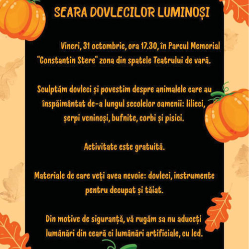 Eveniment pentru copii la Bucov: Seara dovlecilor luminoși de Halloween
