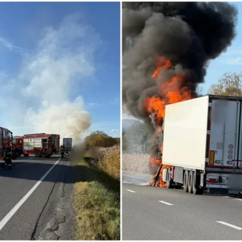 Cabina unui camion a luat foc la ieșirea din Huedin spre Oradea