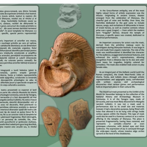 Masca de teatru greco-roman expusă la Muzeul din Constanța redă atmosfera antichității