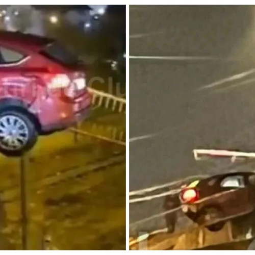 Mașină a rupt parapetul podului IRA din Cluj și a rămas suspendată deasupra căii ferate