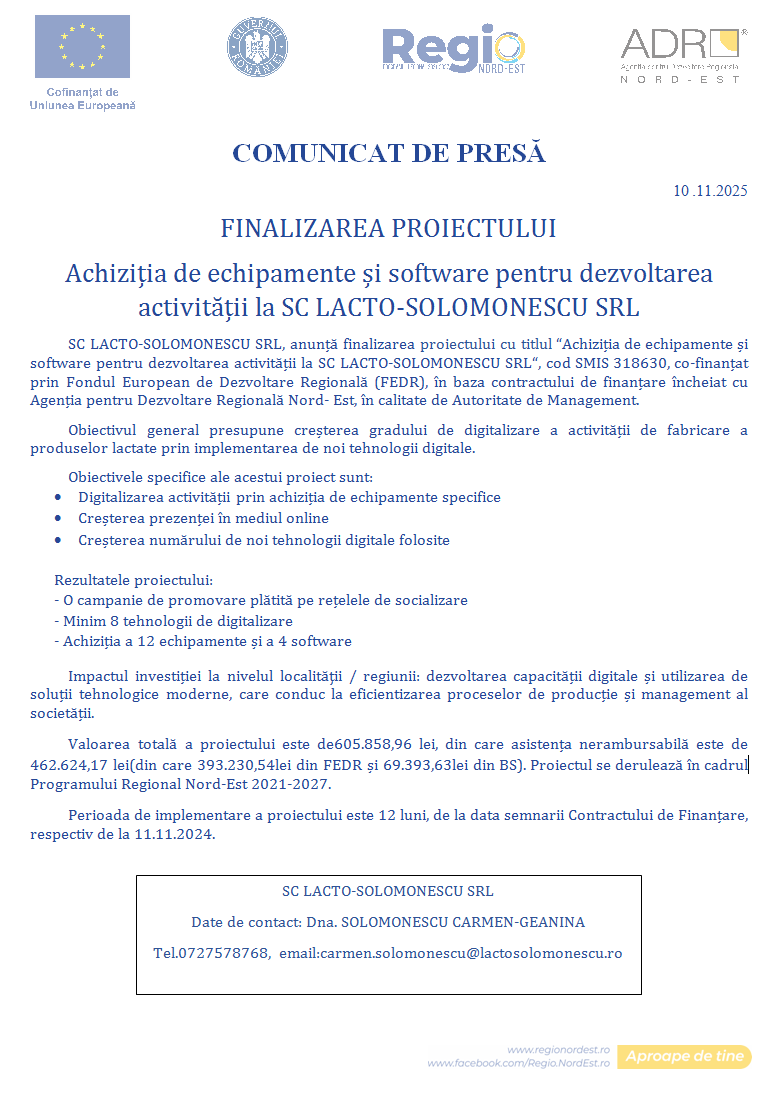 SC Lacto-Solimonescu a finalizat proiectul de digitalizare a producției lactate