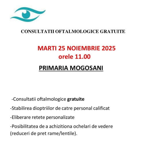 Consultații oftalmologice gratuite la Primăria comunei Mogoșani