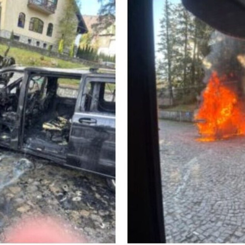 Autoutilitară cuprinsă de flăcări lângă Castelul Peleș, șoferul a refuzat spitalizarea