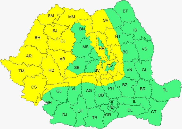 Cod galben de intensificări ale vântului în mai multe regiuni din țară