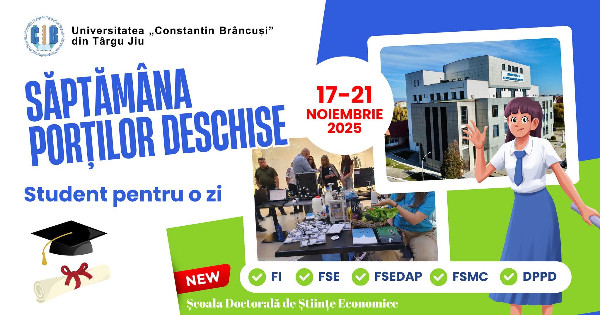 Universitatea Constantin Brâncuși din Târgu Jiu invită liceenii la Săptămâna Porților Deschise în noiembrie 2025