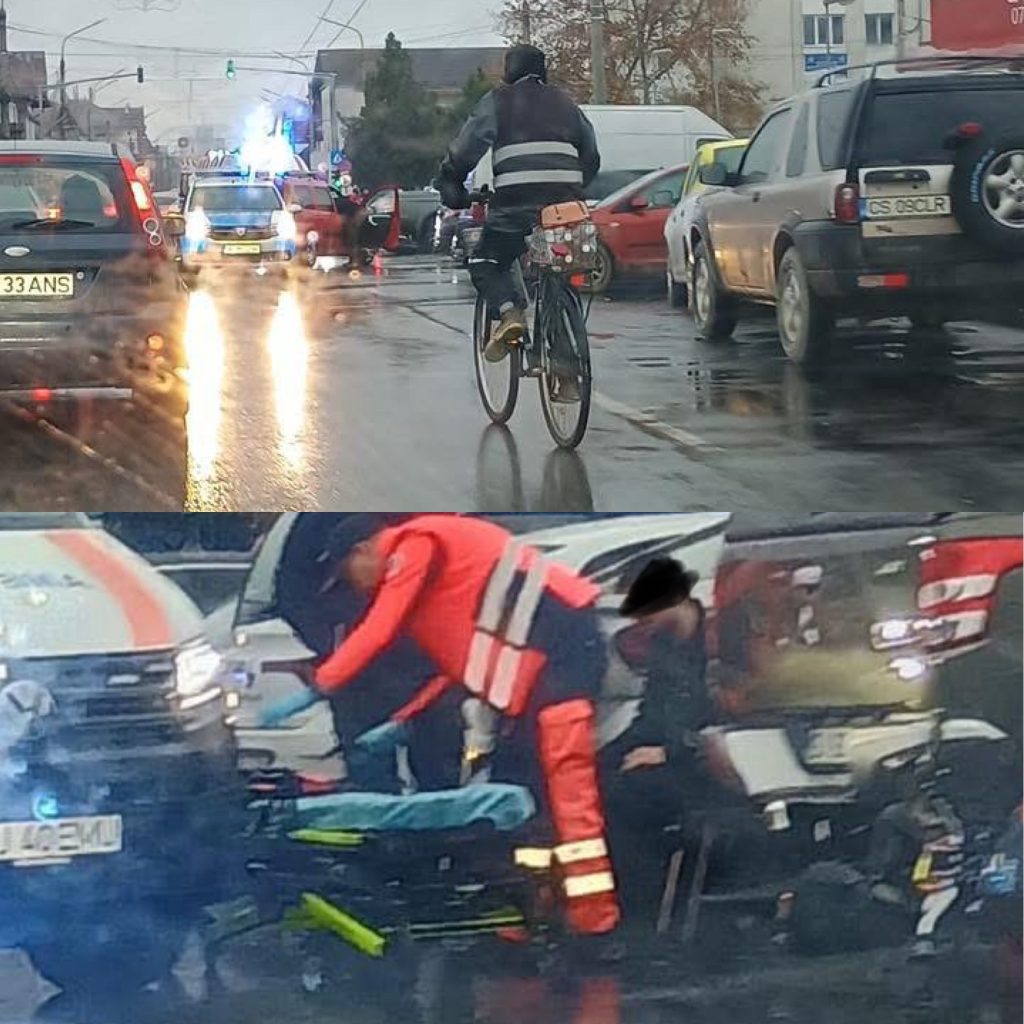 Accident cu motociclist rănit și coliziune multiplă în Târgu Jiu