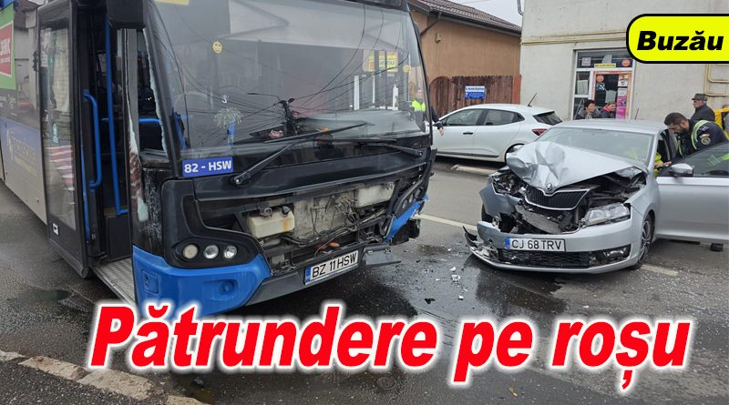 Două persoane rănite în urma coliziunii dintre o Skoda și un autobuz la Buzău