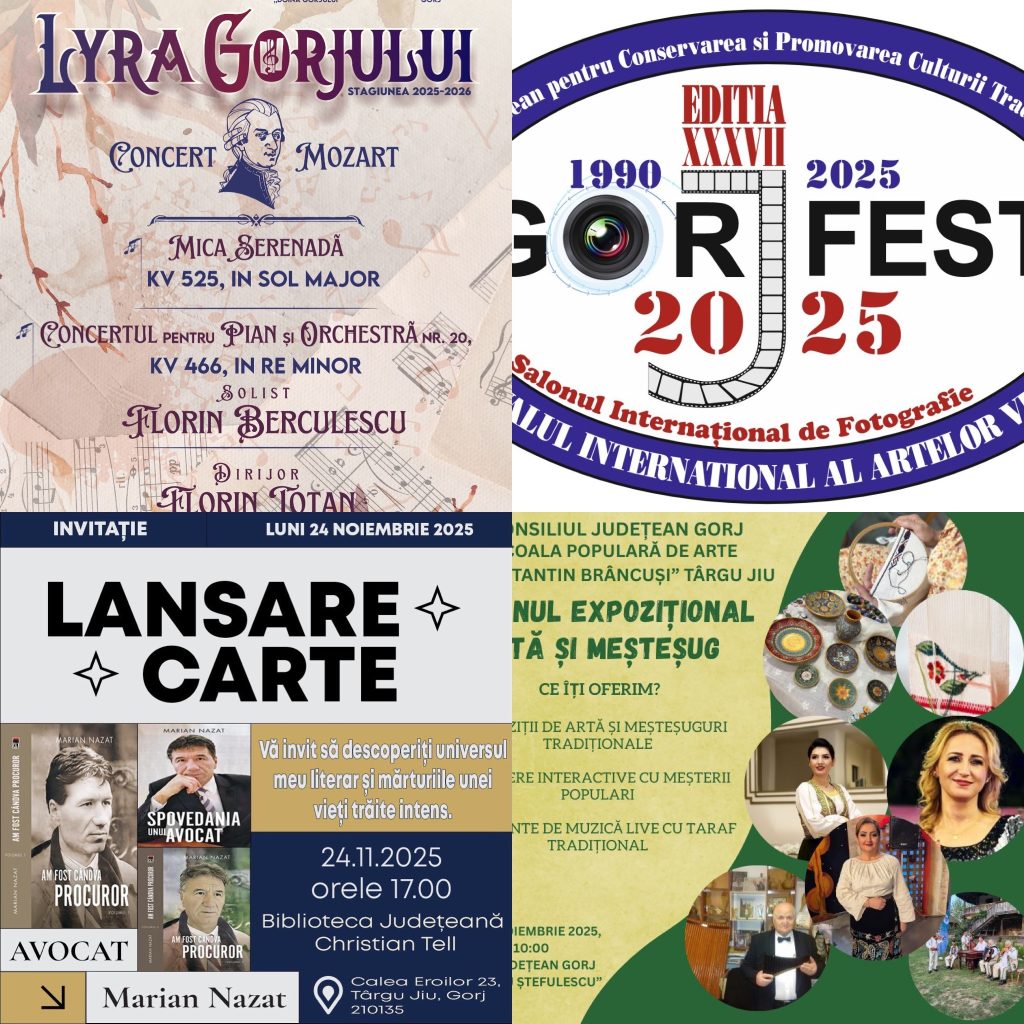 Manifestări culturale variate la Gorj în perioada 24-30 noiembrie 2025
