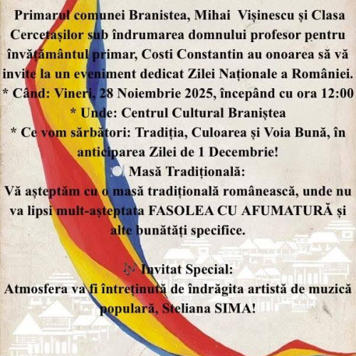 Braniștea sărbătorește Ziua Națională cu spectacol și tradiții populare