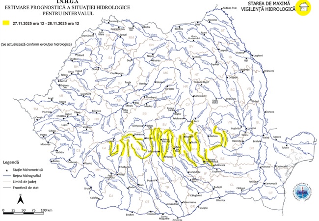 Cod galben de inundații emis pentru 11 județe, risc crescut de viituri