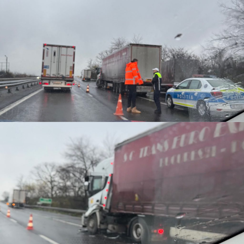 Circulația restricționată pe A1 după coliziunea a două autocamioane și o autoutilitară