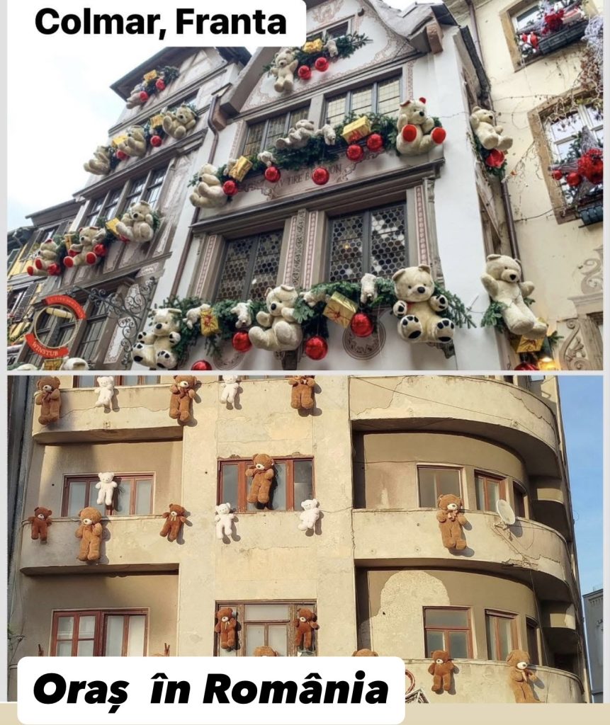 Locatarii din Piața Ovidiu, Constanța, au decorat clădirea cu urși de pluș de Crăciun