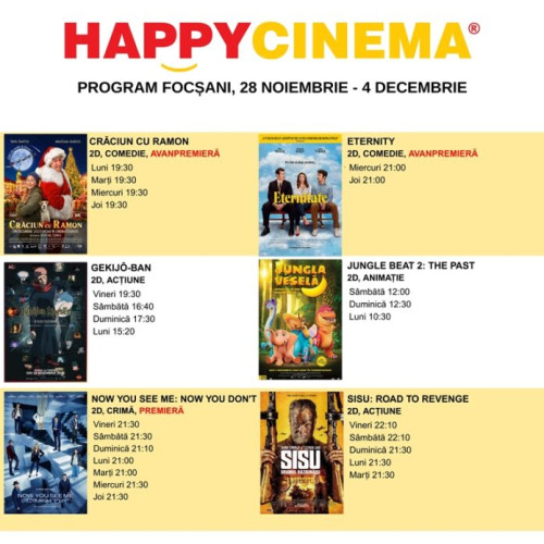 Happy Cinema Focșani prezintă programul săptămânal cu premiere și filme în format 3D