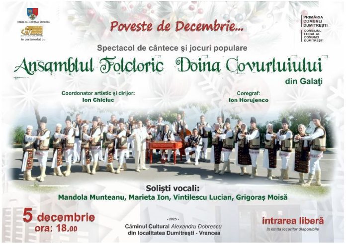 Spectacol folcloric „Poveste de Decembrie” la Dumitrești cu Ansamblul Doina Covurluiului
