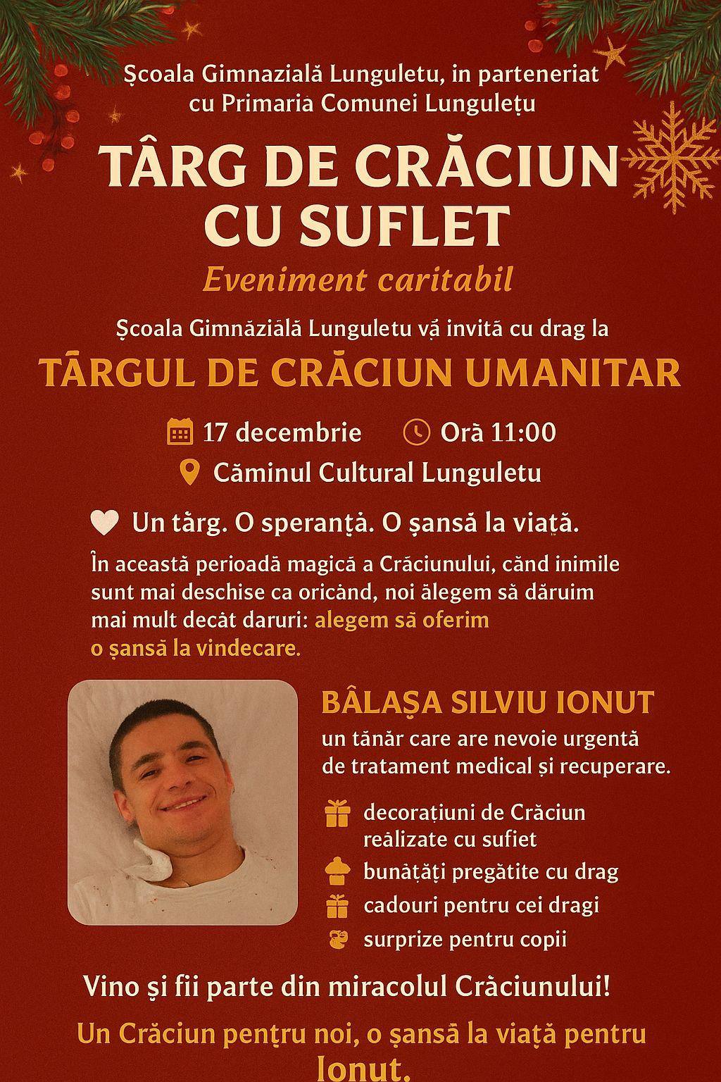 Târg caritabil de Crăciun în comuna Lungulețu pentru un tânăr aflat în suferință