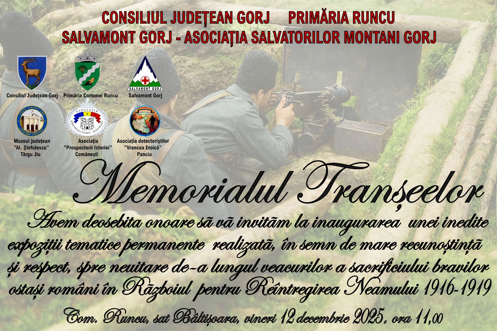În Gorj va fi deschisă expoziția Memorialul Tranșeelor dedicată Primului Război Mondial