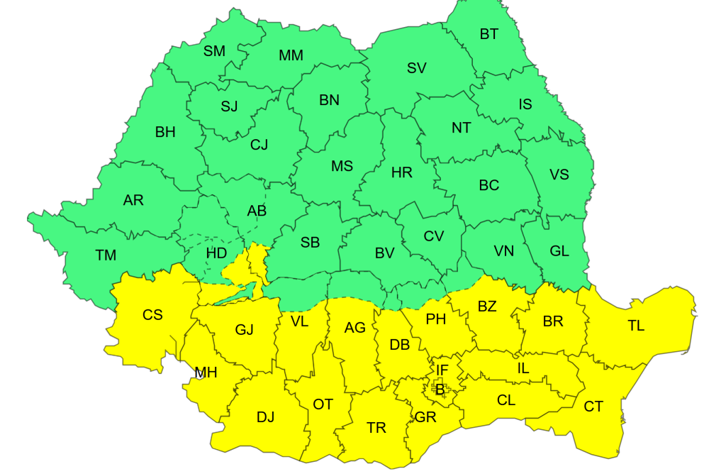 Vânt puternic și avertizări cod galben pentru sudul României