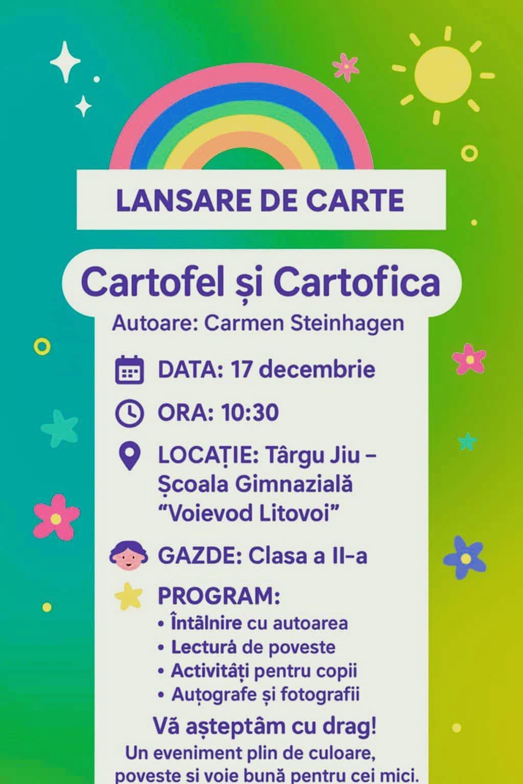 Târgu Jiu găzduiește lansarea cărții pentru copii „Cartofel și Cartofica”