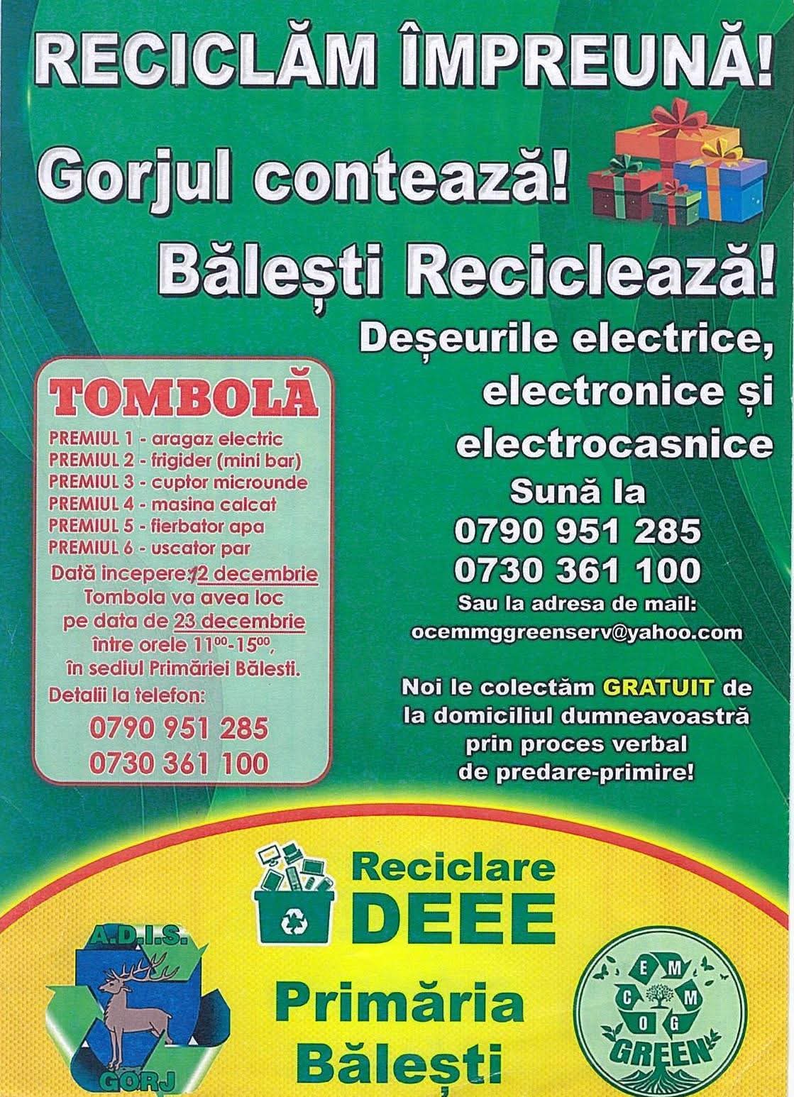 Colectare gratuită de deșeuri electrice și electrocasnice la Bălești în decembrie 2025