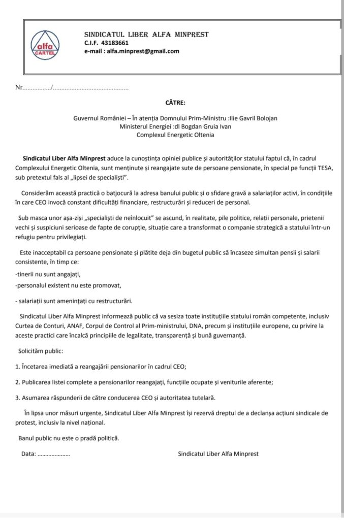 Sindicatul Liber Alfa Minprest cere oprirea reangajărilor pensionarilor la Complexul Energetic Oltenia