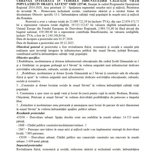 Orașul Săveni finalizează proiectul de revitalizare integrată pentru îmbunătățirea calității vieții