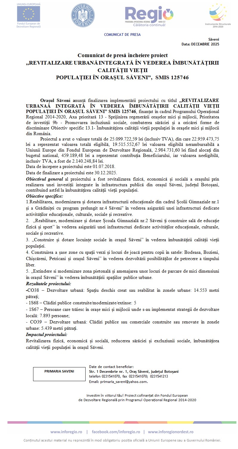 Orașul Săveni finalizează un proiect major de revitalizare urbană pentru îmbunătățirea calității vieții