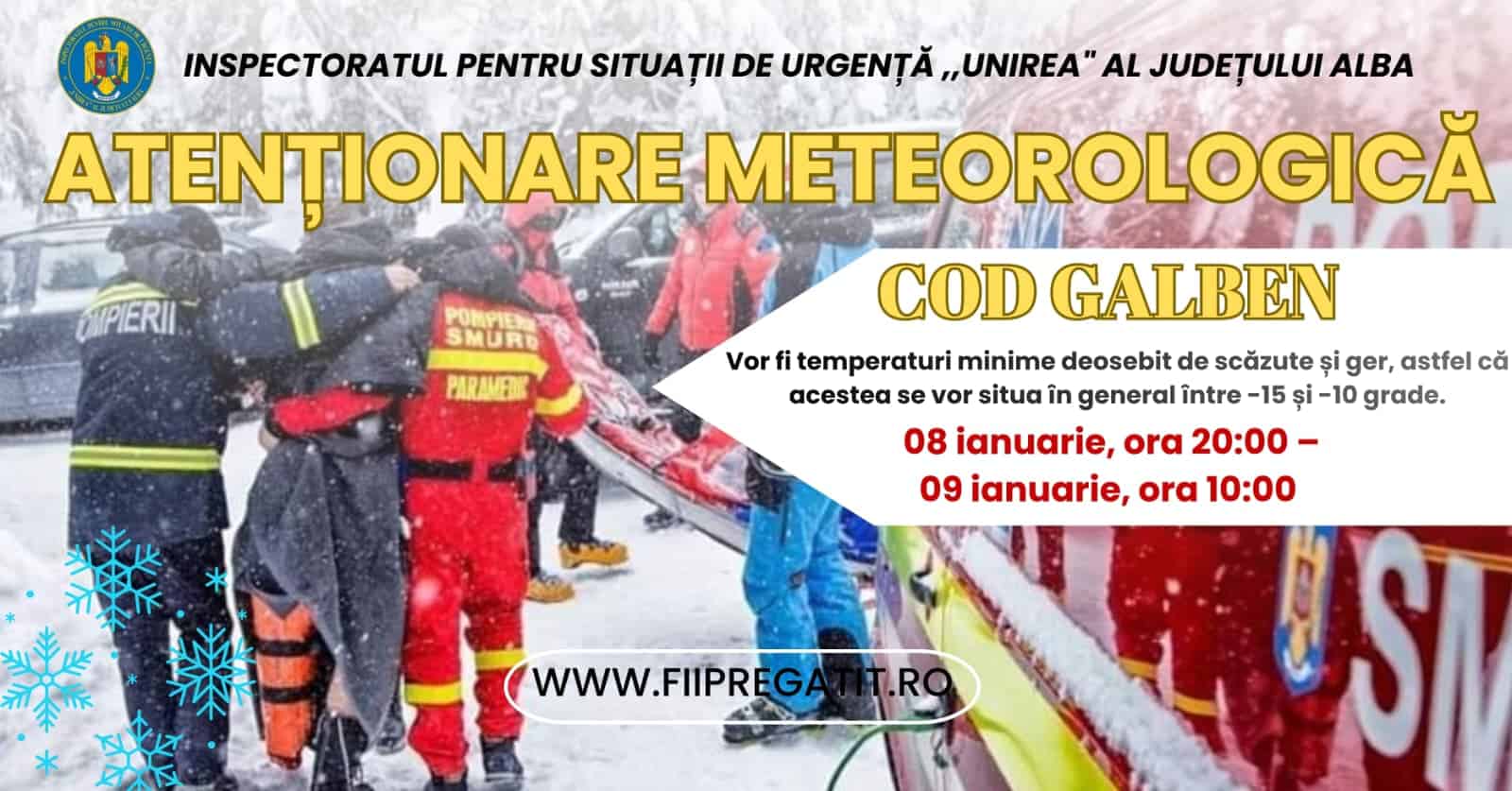 ISU Alba intensifică monitorizarea din cauza codurilor galben și portocaliu de ger și viscol