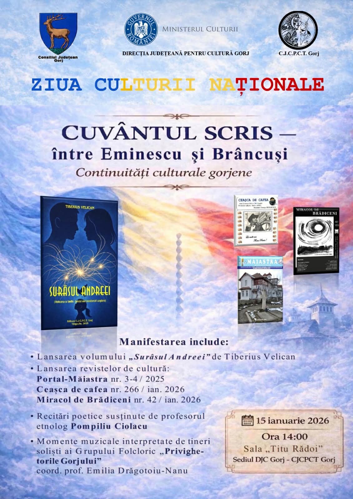 Consiliul Județean Gorj organizează manifestări de Ziua Culturii Naționale în 2026