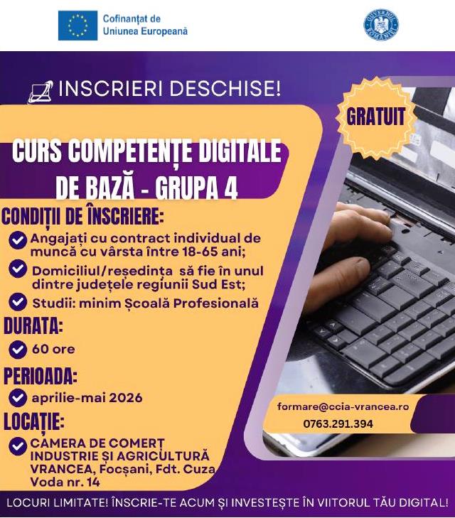Camera de Comerț Vrancea lansează cursul „Competențe digitale de bază” în cadrul proiectului ECOTECH