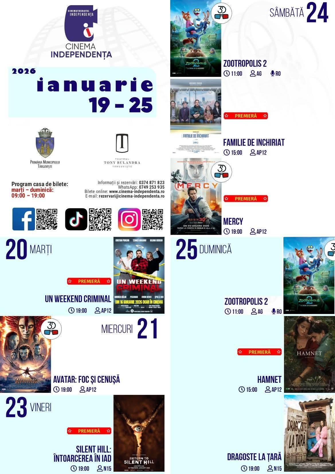 Cinematograful Independența din Târgoviște prezintă noi premiere în săptămâna 19–25 ianuarie 2026