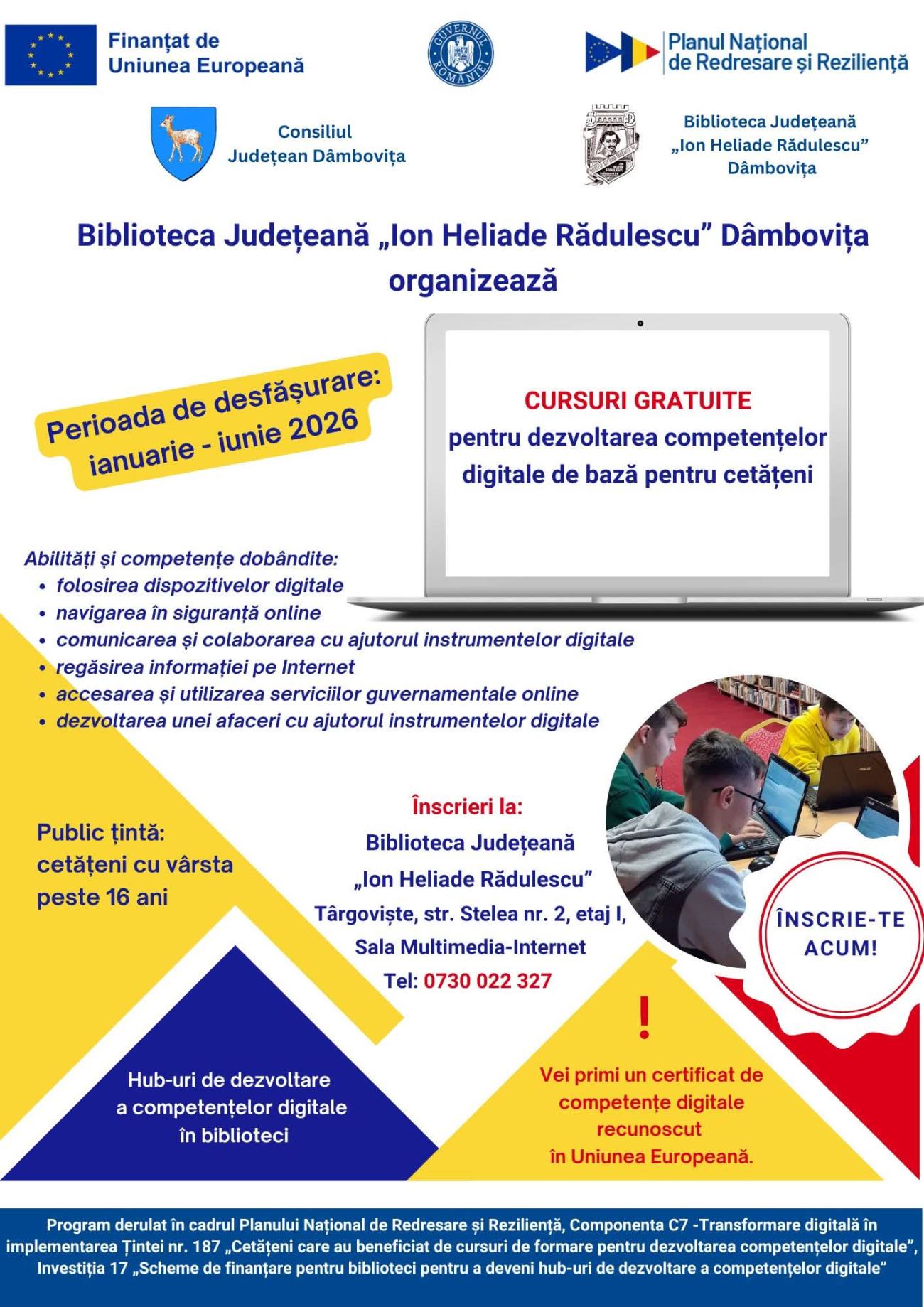 Biblioteca Județeană Dâmbovița oferă cursuri gratuite de competențe digitale pentru cetățeni