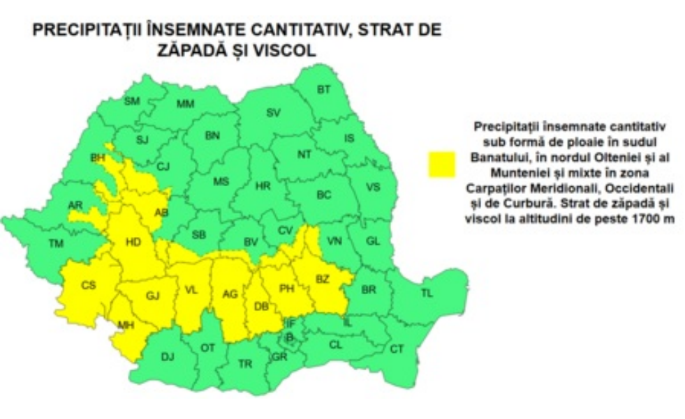 ANM avertizează cod galben pentru fenomene meteorologice în Gorj și alte județe