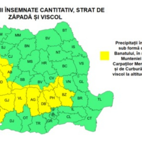 ANM avertizează cod galben pentru fenomene meteorologice în Gorj și alte județe