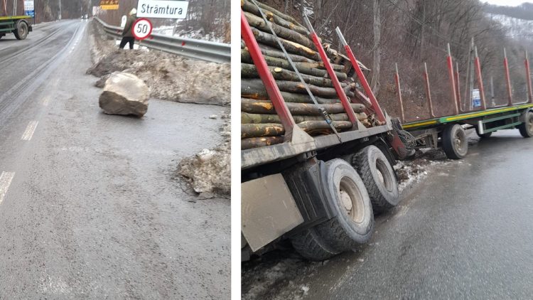 Incident pe DJ186: Un bolovan a căzut pe carosabil, vehicul în șanț