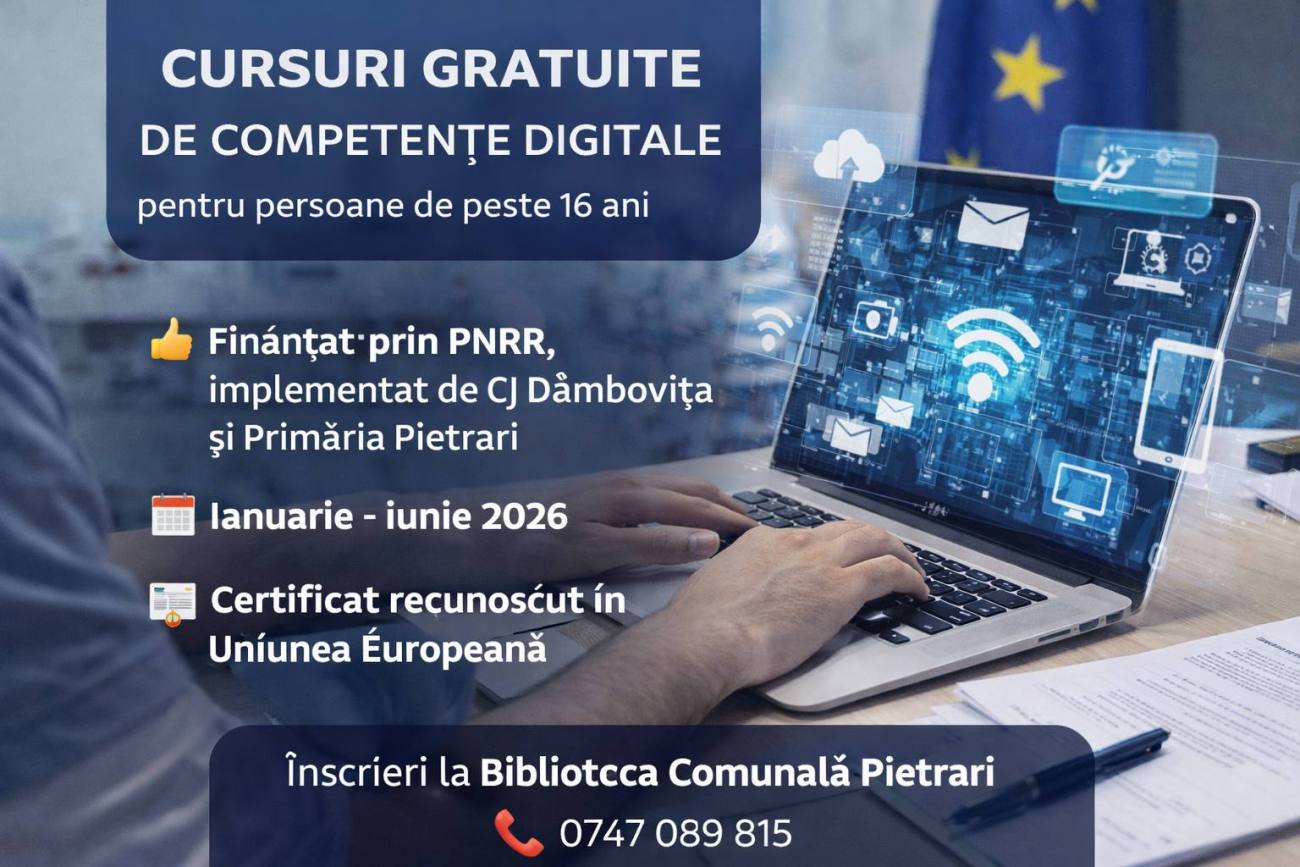 Biblioteca Comunală Pietrari organizează cursuri gratuite de competențe digitale