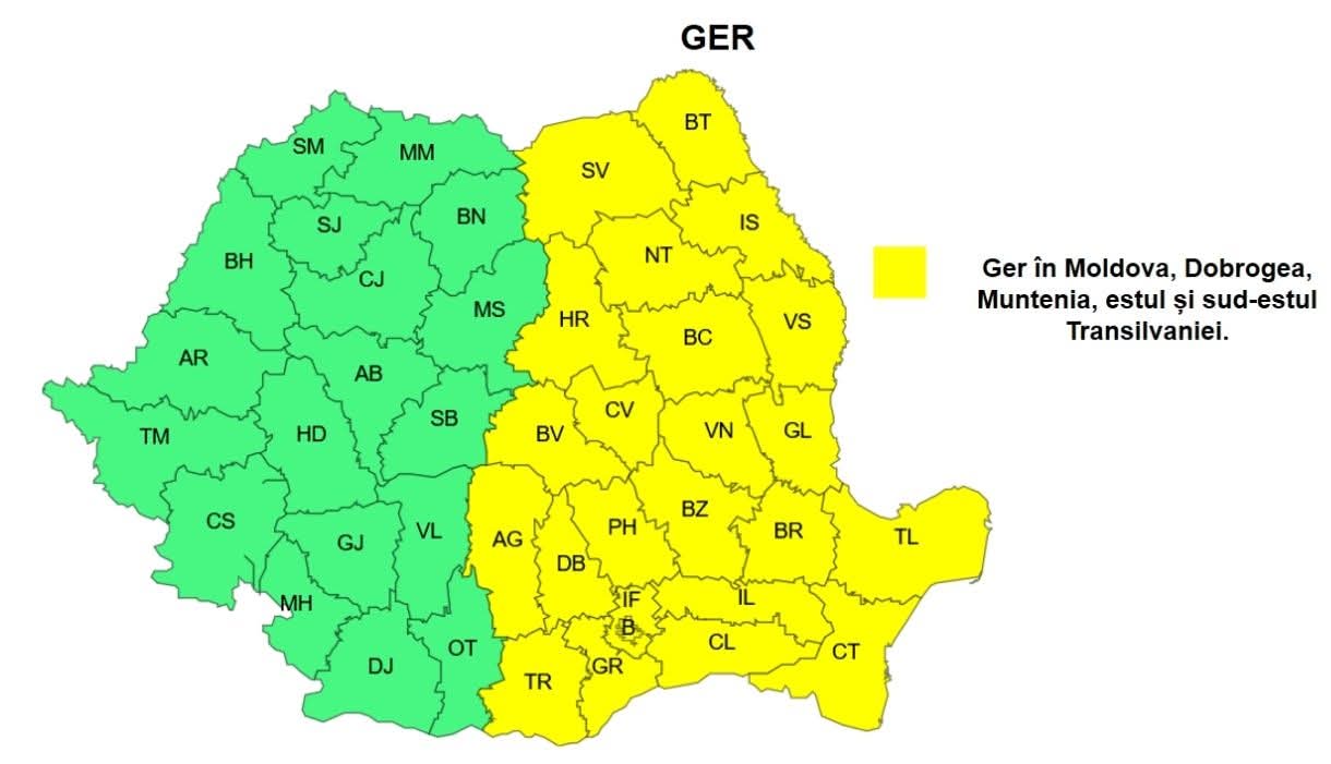 Atenționări meteorologice pentru vreme geroasă în următoarele zile
