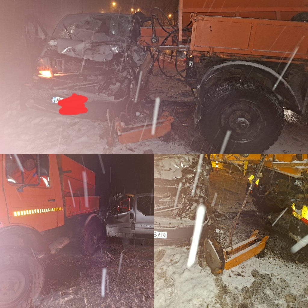 Accident grav pe Drumul Național 6, între un microbuz și un utilaj de deszăpezire