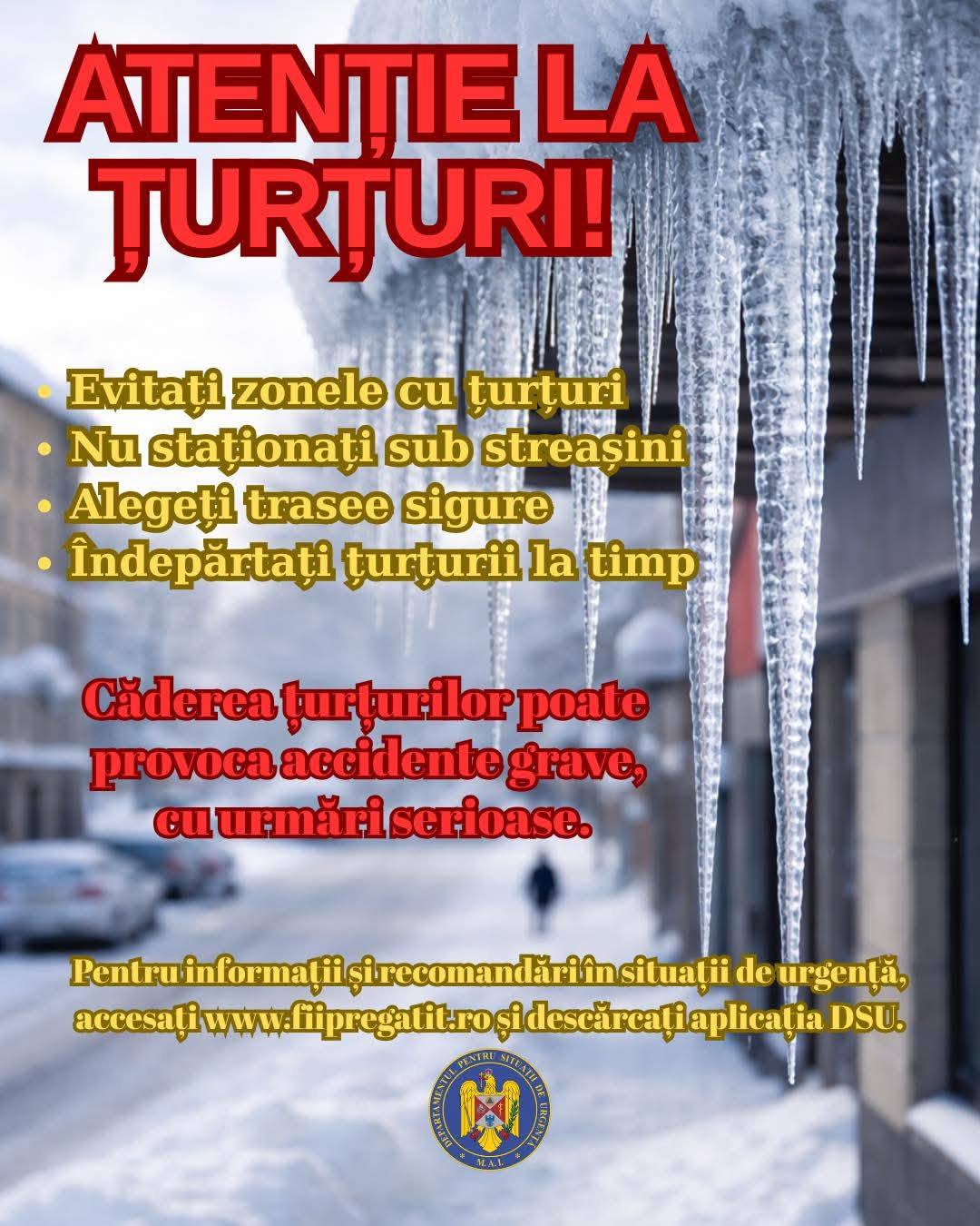 ISU Dâmbovița avertizează asupra riscurilor țurțurilor formate pe clădiri