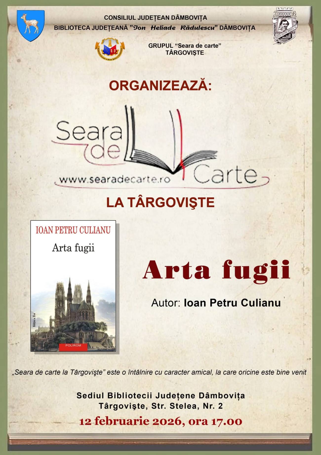 Întâlnire literară la Târgovişte pe 12 februarie 2026