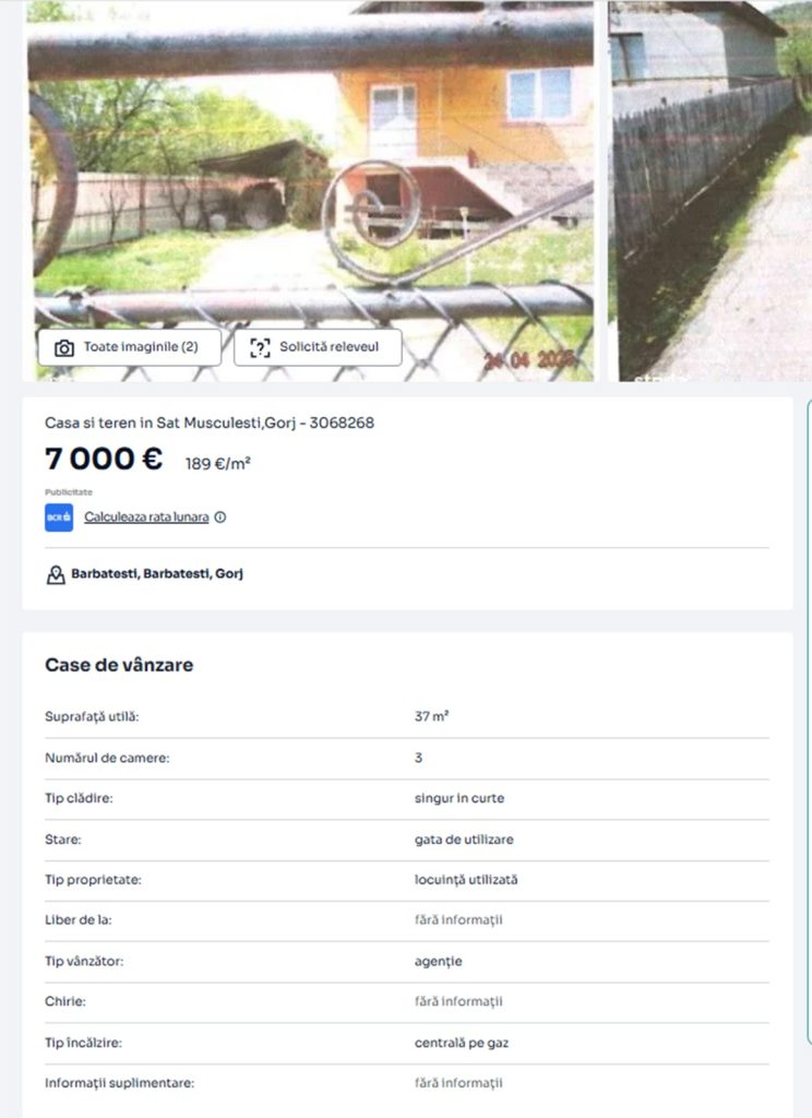 Casă din Gorj scoasă la vânzare cu doar 7.000 de euro
