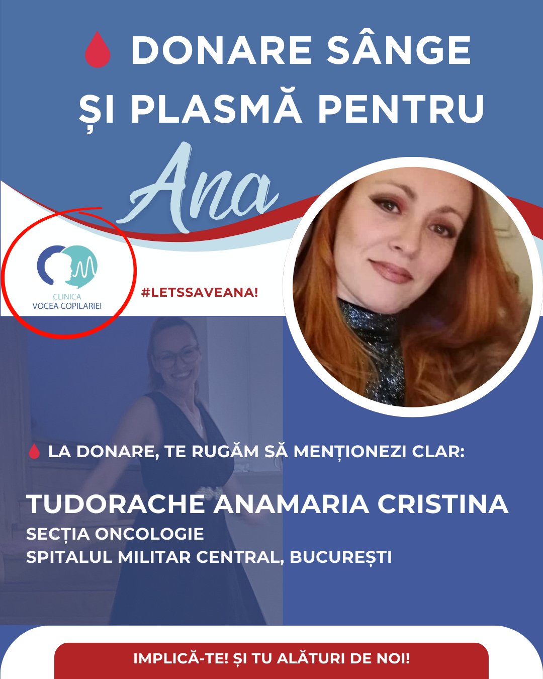 Apel urgent pentru donații de sânge și plasmă pentru Ana Maria Cristina Tudorache