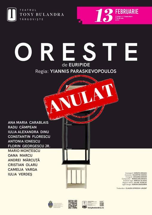 Suspensia spectacolului „Oreste” la Teatrul „Tony Bulandra” din Târgoviște