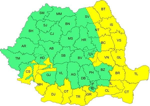 Avertizări meteorologice pentru precipitații și vânt puternic în România