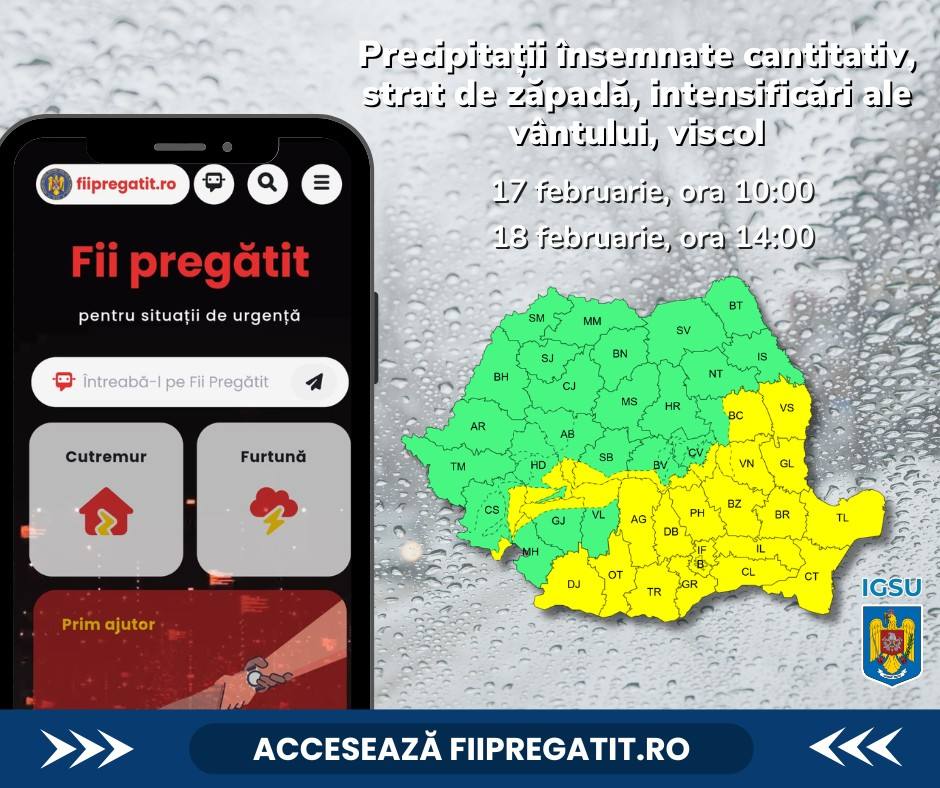 Alertă meteo în Dâmbovița: ninsori și vânt puternic în weekend