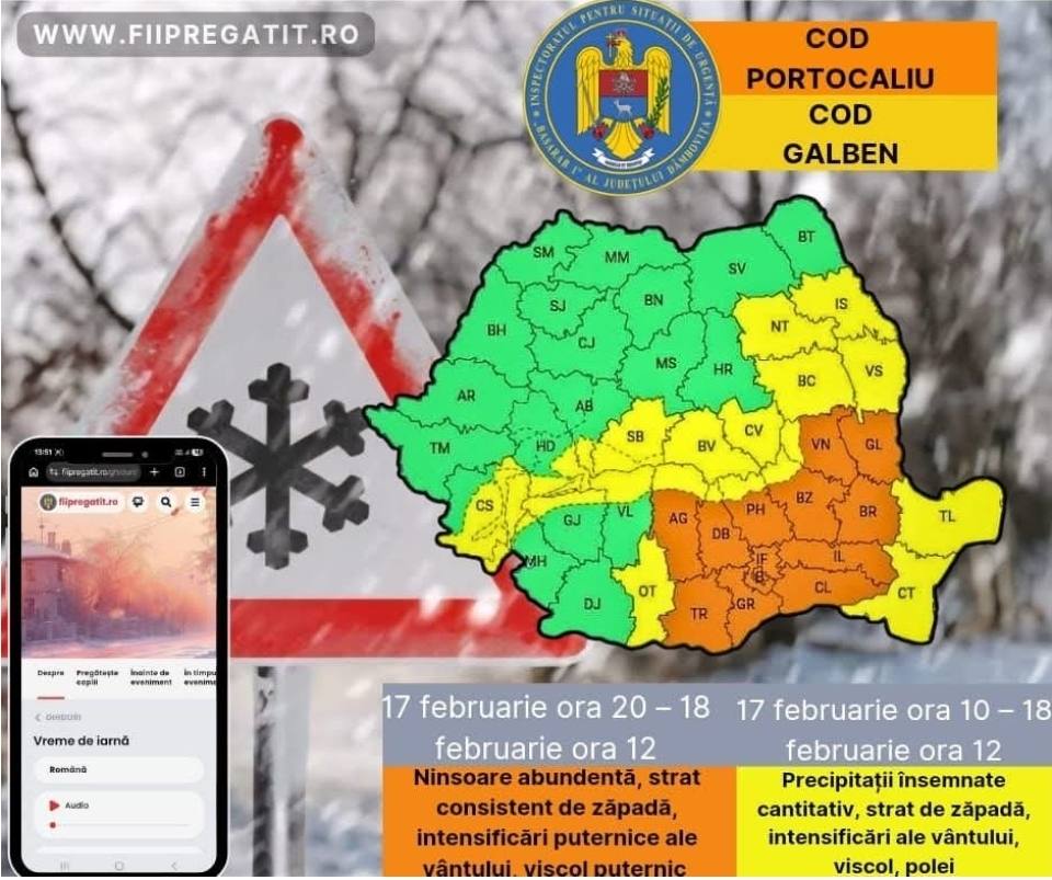 Avertizări meteorologice de Cod Portocaliu și Galben pentru Dâmbovița
