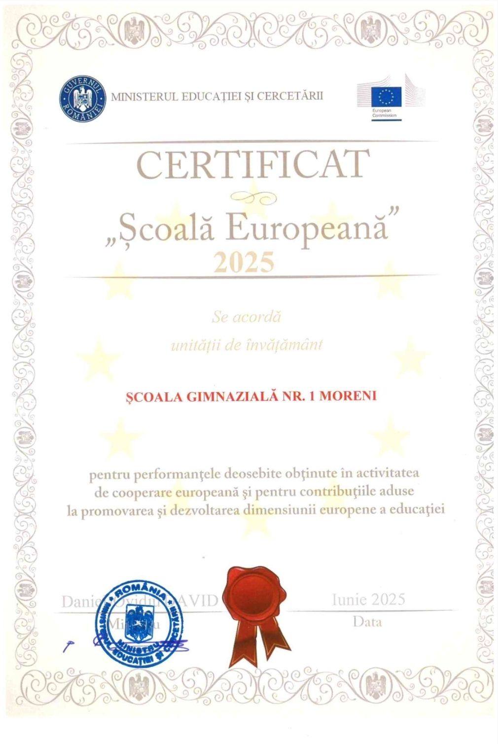 Școala Gimnazială Nr. 1 Moreni primește titlul de Școală Europeană până în 2028