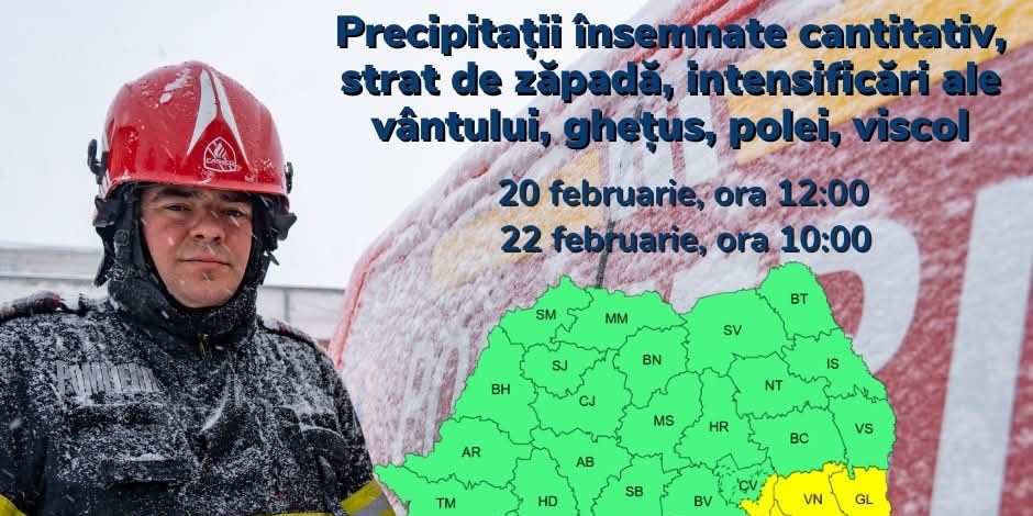 Cod galben de intensificări ale vântului și ninsori în județul Giurgiu